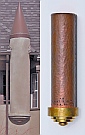 Custom Solid Copper Rod Stair Railing with finials custom designed and hand-fabricated to mimic this prominent feature on the house’s fa&ccedil;ade by Dwight H. Bennett.